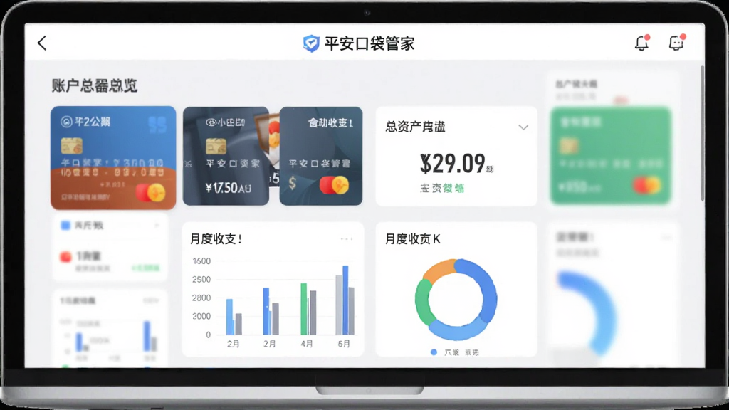 ��������Ϊ��ƽ���ڴ��ܼҡ��˻�����ҳ�棬��ʾ�������п���Ƭ�����ʲ����֣��·�����״ͼ�뻷��ͼչʾ�¶���֧������Ϊ��ɫ��ǳ��ɫ���䣬�����ִ�����App�������Ű����룬���ʸɾ����޶���Ԫ��
