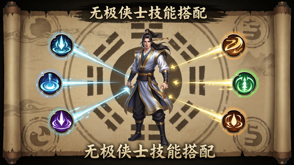 ����չʾ�޼���ʿ�ļ��ܴ�����棬����Ϊһλ��ʿ��ȫ�������ܻ����Ų�ͬ��ɫ�ļ���ͼ�꣬ͼ��֮���ù������ӱ�ʾ�����ϵ������Ϊ���ӵľ��������ͼ����������Ϊ�������Է磬ɫ��������ϸ�����������ʸɾ���ͼ�д��С��޼���ʿ���ܴ��䡱����