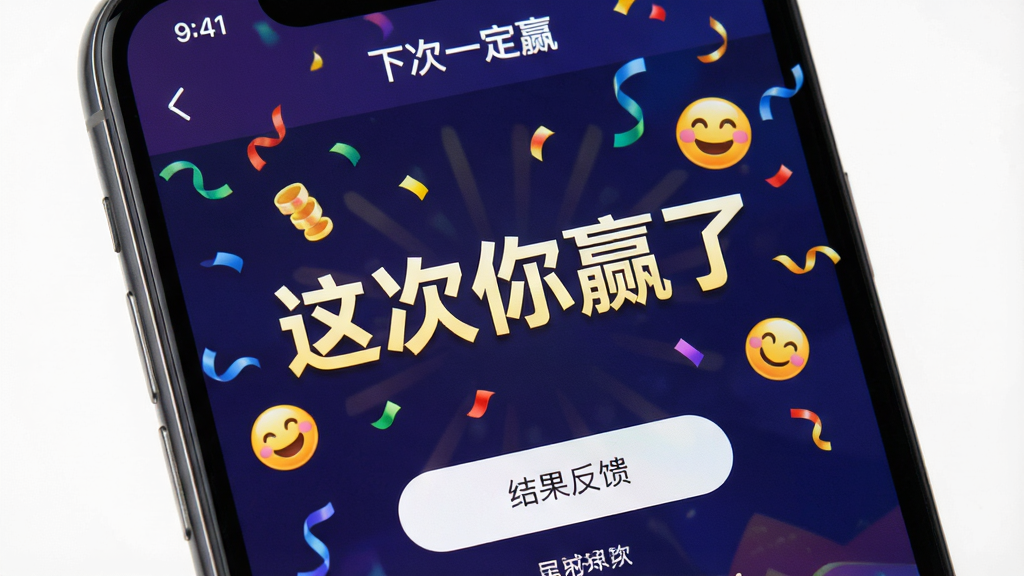 ��������Ϊ�ֻ���Ļ��д��չʾ���´�һ��Ӯ�����������ť��Ľ���������棬��Ļ������ʾ�������Ӯ�ˡ��Ĵ��֣���Χ�вʴ���Ц��ͼ��װ�Ρ����־��У����ϲ����ã�ϸ�����������ʸ��壬�ɾ��޶���Ԫ�ء�