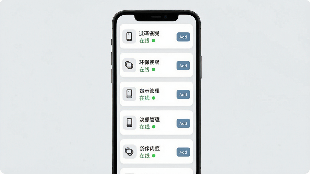 �������Ԥ�����豸�������棬����չʾ�ֻ���Ļ�ϵ��豸�б���Ƭ��ÿ�ſ�Ƭ��ʾ�豸������״ָ̬ʾ�ƣ�����Ϊǳ��ɫ�����ֲ��������б��Ű棬���Ϊ����Ƭʽ��ƣ�ϸ�ڰ����豸ͼ�ꡢ����״̬Բ�㡢���Ӱ�ť�����ʸ��壬�ɾ����޶���Ԫ��