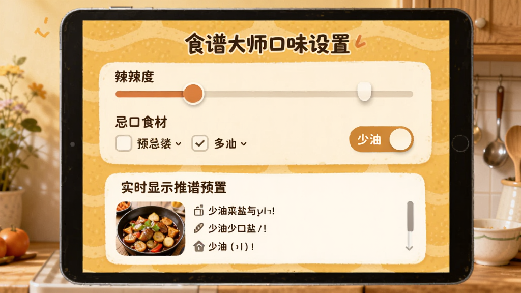 ʳ�״�ʦ��ζ����ҳ�棬�������Ȼ��顢�ɿ�ʳ�Ķ�ѡ���������ο��ذ�ť���·�ʵʱ��ʾ�Ƽ����׵���Ԥ��������Ϊů��ɫ������Ѻ����У������������޶���Ԫ��