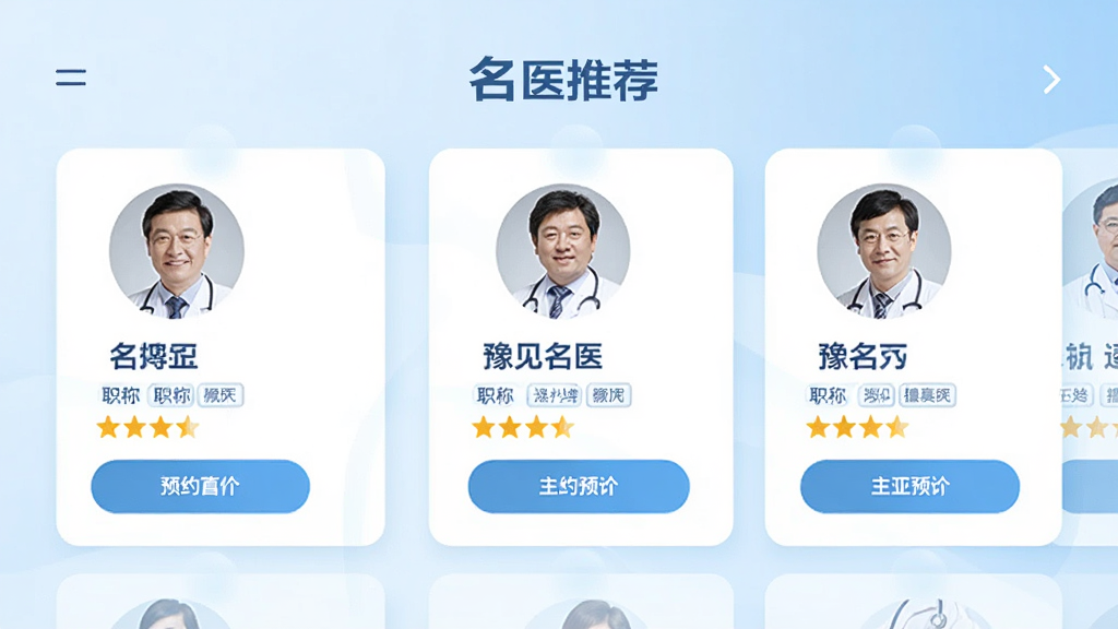 ������ԥ����ҽ��ҽ�Ƽ�����չʾ������Ϊ����Ƭ�б����У��Ű�Ϊ�������⡰��ҽ�Ƽ����·���������ҽ��ͷ��Ƭ�����Ϊ����ҽ�Ʒ��ϸ�ڰ���ҽ��ͷ��������ְ�ơ��ó������ǩ�������Ǽ���ԤԼ��ť������Ϊǳ��ɫ���䣬���ʸ���ɾ��޶���Ԫ��