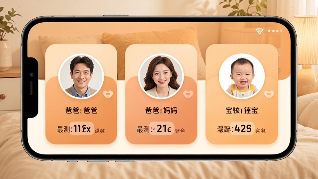 ���±���App��ͥ��Ա�������棬�ֻ���Ļ��ʾ��ͥȺ��ҳ�棬ҳ�����аְ֡����衢����������Աͷ��Ƭ��ÿ����Ƭ�·���ʾ���²����Ĺؼ�����ժҪ���������ůɫ��Բ�ǿ�Ƭ��ƣ�������ܰ��ͣ������������������룬�޶�������Ԫ��