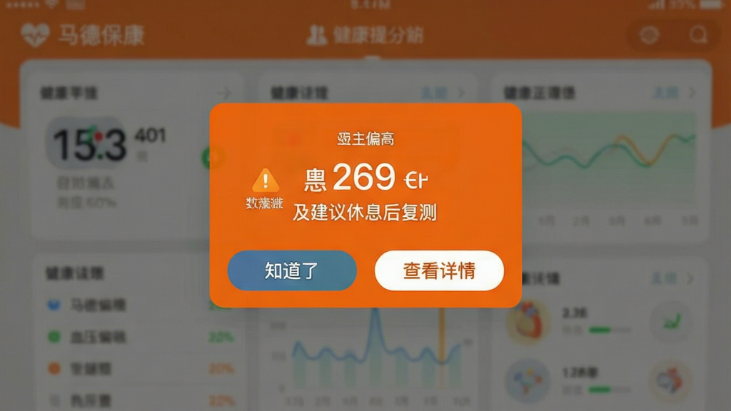 ���±���App����Ԥ����ʾ���棬�ֻ���Ļ���뵯��һ����ɫ��ʾ��������������ʾѪѹ��ֵƫ�߼�������Ϣ�󸴲��������ʾ�������·���֪���˺Ͳ鿴����������ť������Ϊģ��������App����ҳ�棬��������Ŀ�������ۣ������������ص�ͻ����������Ԫ��