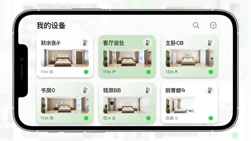 ��������Ϊ�������̽���㡱APP�Ķ��豸�������棬��Ļ�������Ŷ�����俨Ƭ���ֱ��ע���������ԡ��鷿�ȣ�ÿ����Ƭ��ʾ��ʪ��Сͼ�ꣻ���ֲ�������״���У��ֻ�����չʾ���Ű��Ͽ�Ƭ�����ȣ������С��ҵ��豸�����⣻���Ϊ����ƽ����ƣ���ɫ�԰�ɫ��ǳ��ɫΪ����ϸ�ڰ���ÿ����Ƭ���½ǵ�����״̬Բ�㡢΢���ͶӰЧ��������Ϊ����UI��Ⱦ������ɾ����޶���Ԫ�ء�
