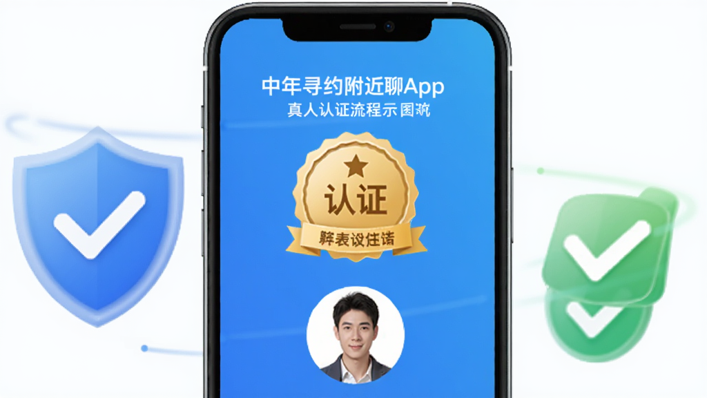 一张表现中年寻约附近聊APP真人认证流程的示意图,画面中有手机屏幕显示认证徽章和用户头像,周围有盾牌和勾选图标,风格安全可靠,画质高清,无多余元素。