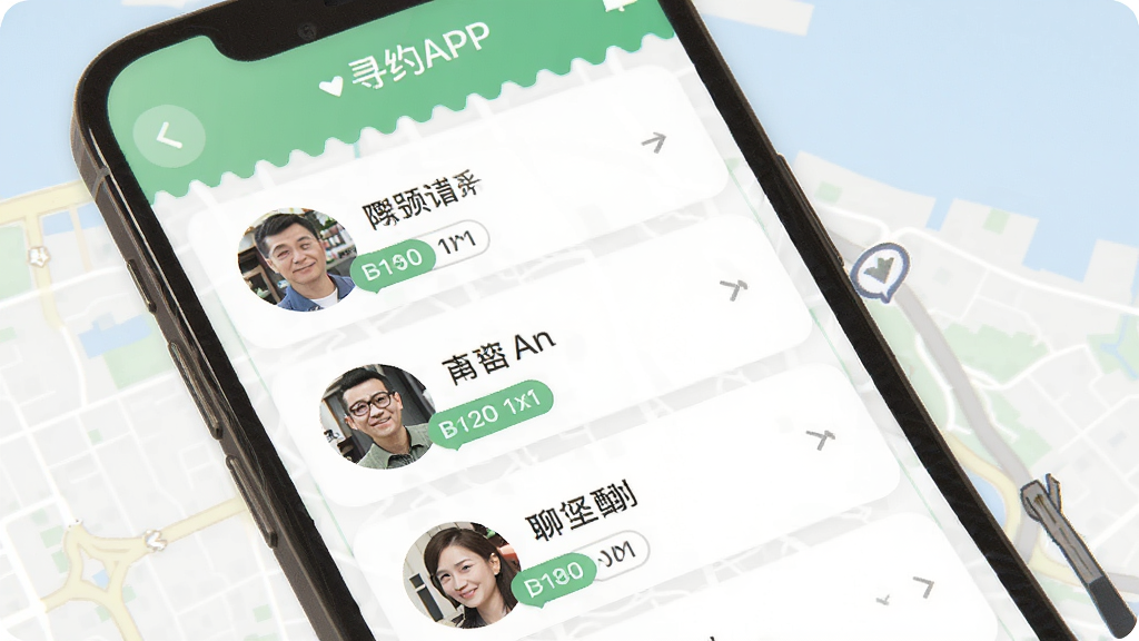 一张展示中年寻约附近聊APP附近用户列表的手机界面图,画面中显示多个用户头像和距离标签,背景是城市地图轮廓,风格清新自然,画质清晰,无多余元素。