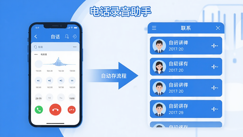 电话录音助手软件功能展示图,画面左侧是手机通话界面正在自动录音,右侧是录音文件管理列表,列表中显示多个录音条目带有日期和联系人头像,中间用箭头连接表示自动保存流程,整体布局清晰,科技感蓝色调,扁平化插画风格,高清画质,干净无多余元素,图片中带有“电话录音助手”文字标识