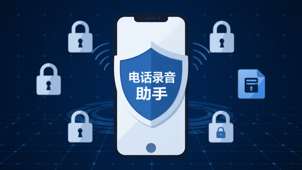 电话录音助手隐私安全概念图,画面中央是一个带盾牌图标的手机,盾牌上写着“电话录音助手”文字,手机周围环绕着锁形图标和本地存储标识,背景为深蓝色科技网格,风格稳重专业,扁平化设计,高清画质,干净无多余元素
