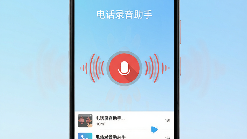 一部安卓手机屏幕显示电话录音助手软件主界面,界面中央有醒目的红色录音按钮,按钮周围环绕着声波纹理,背景是浅蓝色渐变,顶部显示软件名称“电话录音助手”文字标识,底部有录音文件列表预览,整体风格简洁现代,扁平化设计,高清画质,干净无多余元素