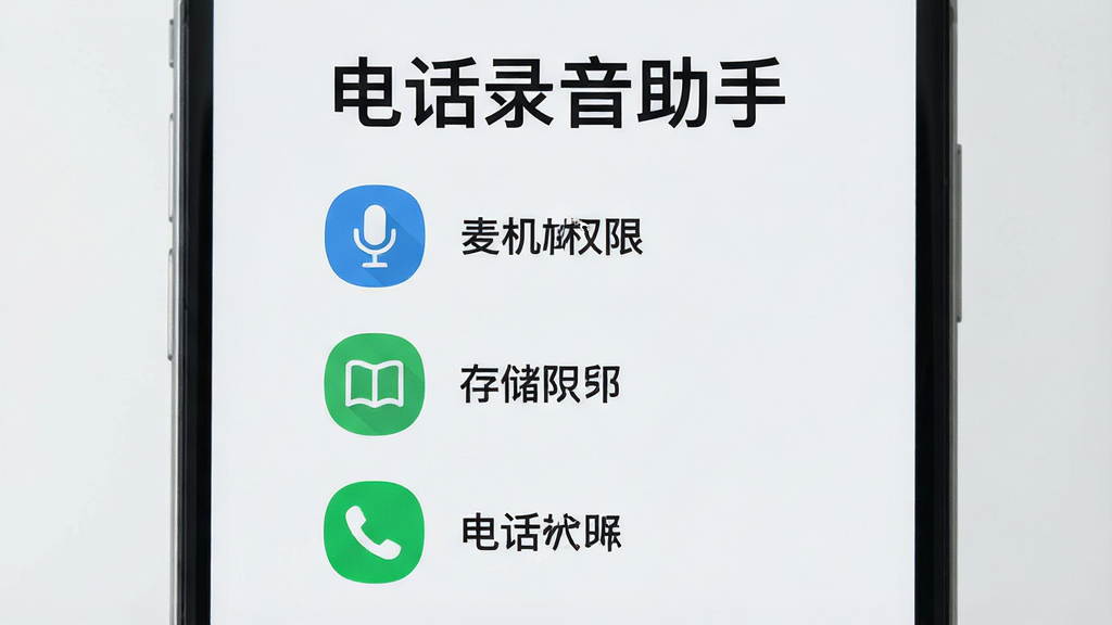 电话录音助手新手设置引导图,画面展示手机屏幕从上到下依次排列权限开启步骤,包括麦克风权限、存储权限、电话权限三个图标打勾状态,背景为浅灰色,风格简洁明了,扁平化设计,高清画质,干净无多余元素,图片中带有“电话录音助手”文字标题