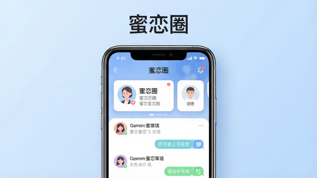 主体为一部智能手机,屏幕中显示“蜜恋圈”应用界面,界面包含用户头像卡片和聊天列表;布局为居中展示手机,背景为浅蓝色渐变;排版简洁,手机上方有“蜜恋圈”文字标识;风格为现代扁平化科技风;细节包括圆润的图标、柔和的阴影、清晰的界面文字;画质高清,干净,无多余元素