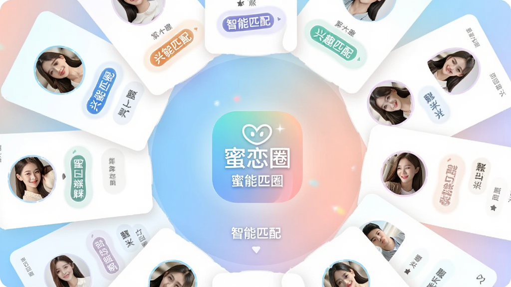 主体为“蜜恋圈”应用中的智能匹配界面,显示多个用户卡片以扇形展开;布局为卡片环绕中心“蜜恋圈”Logo;排版清晰,卡片上有头像和兴趣标签;风格为清新社交风;细节包括渐变背景、柔和光效、文字标注“智能匹配”;画质高清,干净,无多余元素
