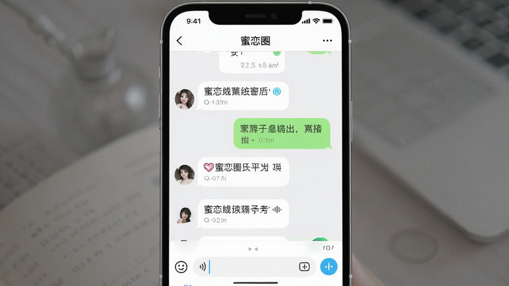 主体为“蜜恋圈”聊天界面,展示对话气泡和输入框;布局为手机屏幕特写,屏幕内显示聊天记录和表情面板;排版整齐,对话气泡左右分明;风格为现代简约社交风;细节包括时间戳、已读标记、语音按钮;画质高清,干净,无多余元素