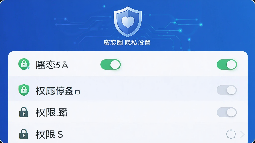 主体为“蜜恋圈”隐私设置界面,展示开关按钮和权限选项;布局为列表式排列,顶部有盾牌图标;排版清晰;风格为安全科技风;细节包括绿色安全标识、锁形图标、文字说明;画质高清,干净,无多余元素