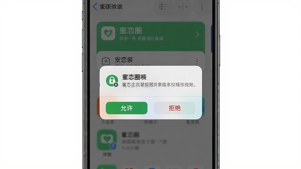 主体为“蜜恋圈”应用在手机上的安装界面,显示权限请求弹窗;布局为手机屏幕特写,弹窗包含“允许”和“拒绝”按钮;排版居中;风格为系统原生风;细节包括权限图标、文字说明;画质高清,干净,无多余元素