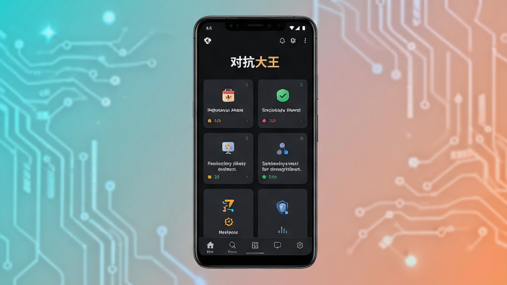 一张手机屏幕展示对抗大王软件主界面的场景图,画面中央放置一部竖屏安卓手机,手机屏幕内显示深色主题的应用首页,顶部有“对抗大王”文字标题,中部为功能卡片式布局,底部为导航栏,背景为简洁的纯色渐变,风格现代科技感,细节清晰,画质干净,无多余元素