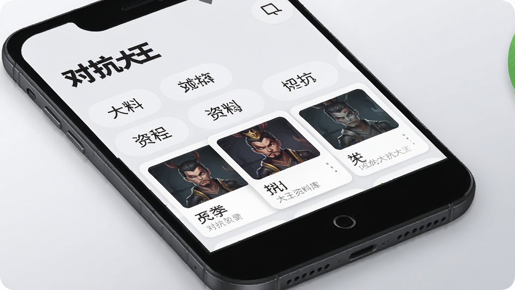 一部安卓手机展示对抗大王资料库页面的特写图,屏幕内可见“对抗大王”字样和多个资料分类标签,页面采用卡片式信息流布局,背景为浅灰渐变,风格简约清新,细节锐利,画质干净,无多余元素