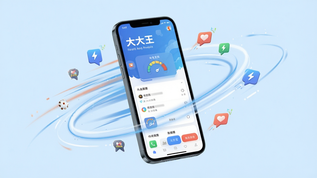 一张展示对抗大王软件运行流畅度的概念图,画面中一部手机屏幕显示应用界面,周围环绕速度线和小巧的图标元素,整体风格动感轻盈,背景为淡蓝色,细节清晰,画质干净,无多余元素