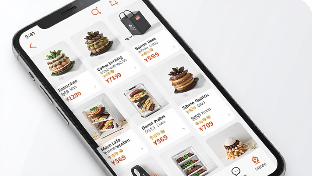 ��������APP��Ʒ�������չʾͼ���������ֻ���Ļ��ʾ��Ʒ�����б���ÿ����Ʒ����ͼƬ�ͼ۸��ǩ������Ϊ��ɫ��ǳ�Ҵ��䣬����Լ�󷽣�ϸ�����������ʸ��壬�ɾ��޶���Ԫ��