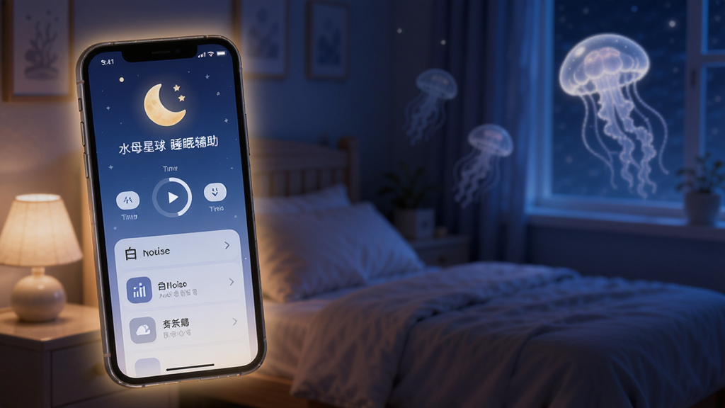 ˮĸ����˯�߸������ܽ��棬����չʾҹ�����ҳ�����һ���ֻ���Ļ������Ļ��ʾˮĸ����˯��ģʽ���棬������ͼ�ꡢ��ʱ�����á�������ѡ���б�������������ɫ���䣬���Ϊ��ܰ���߷��ϸ������͵���Ļ���Ρ�ˮĸ��Ӱ�ڱ����л����ζ������ʸ��壬�ɾ��޶���Ԫ��