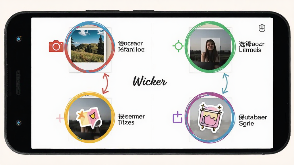 һ����׿�ֻ���Ļ��ʾWicker������ʹ�ò���ͼ�⣬�����б�ע�˵�����Ƭ��ѡ���˾���������ֽ����������ĸ���������ÿ�������ò�ɫԲȦ��������м������˵��������Ϊ�ɾ�ǳɫ�������������������С�Wicker���������޶���Ԫ��
