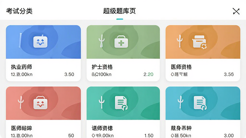 �����ǳ������APP��������ҳ�棬����Ϊ���½ṹ���Ű�����ʾ������Կ�Ŀ��Ƭ��ִҵҩʦ����ʿ�ʸ�ҽʦ�ʸ�ȣ����Ϊ�ִ�����Ӧ�ý��棬ϸ�ڰ�����Ƭʽ��ơ���ɫͼ�ꡢ��Ŀ������ע�����ʸ���ɾ��޶���Ԫ��