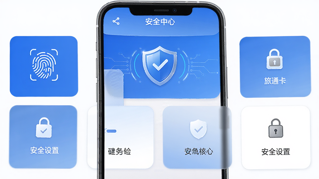 ��ͨ��App��ȫ���Ľ��棬�ֻ���Ļ��ʾ����ͼ���밲ȫ����ѡ�����Ϊ����ģ�黯���Ű���жԳƣ����Ϊ��ȫ�Ƽ��磬ϸ�ڰ���ָ��ʶ��������ͼ�꣬���ʸ��壬�ɾ����޶���Ԫ��