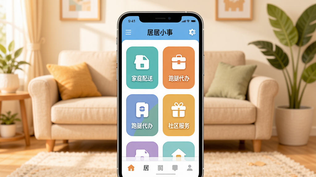 �Ӿ�С��Ӧ��������չʾͼ�������������һ�������ֻ�����Ļ��ʾ�Ӿ�С��APP����ҳ���֣�������ͥ���͡����ȴ��졢��������ȹ������ͼ�꣬����Ϊ��ܰ�ľӼһ���������ɳ������ֲ��׺������ɫ����ů��������ƽ��UI���ϸ�����������ʸɾ����޶���Ԫ��