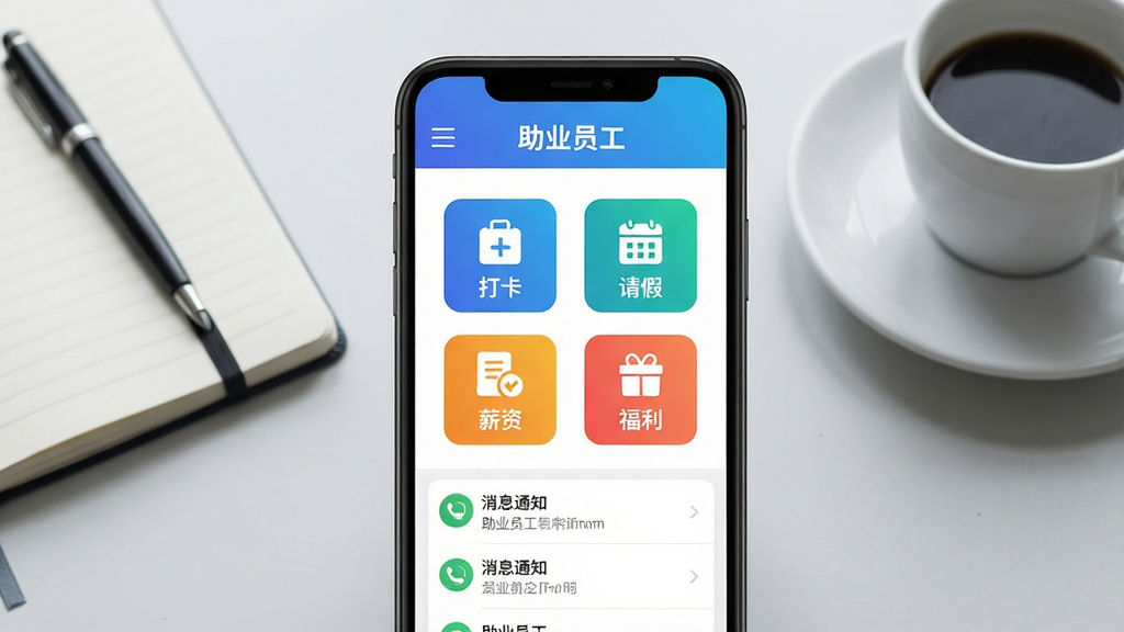 ��ҵԱ��APP������չʾ����������һ�������ֻ�������ʾӦ����ҳ������Ϊ��ɫ���䵼�������м����д򿨡���١�н�ʡ������ĸ���ɫ����ͼ�꣬�ײ�Ϊ��Ϣ֪ͨ�б�������Ϊǳ��ɫ�칫���棬������ñʼǱ��뿧�ȱ���������������ϸ�����������ʸɾ����޶���Ԫ�أ���������Ϊ