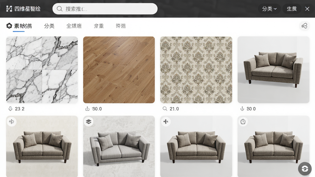 四维星智绘的素材库界面截图,画面以网格形式展示各类装修材质缩略图,包括大理石瓷砖、木地板、花纹墙纸、布艺沙发模型,界面顶部有搜索框和分类标签,整体布局整齐,风格为清爽的工具类应用界面,细节包括材质的高清纹理和模型图标,画质清晰,干净,无多余元素