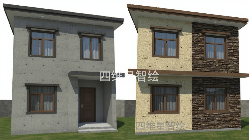 四维星智绘外墙设计功能演示图,画面中是一栋两层自建房的外立面照片,左侧为原始灰色水泥墙面,右侧为已应用米黄色真石漆和深棕色文化石装饰的效果,屏幕上有“四维星智绘”水印,布局为前后对比,风格为写实建筑效果图,细节包括墙面颗粒质感、窗框颜色、屋檐阴影,画质清晰,干净,无多余元素