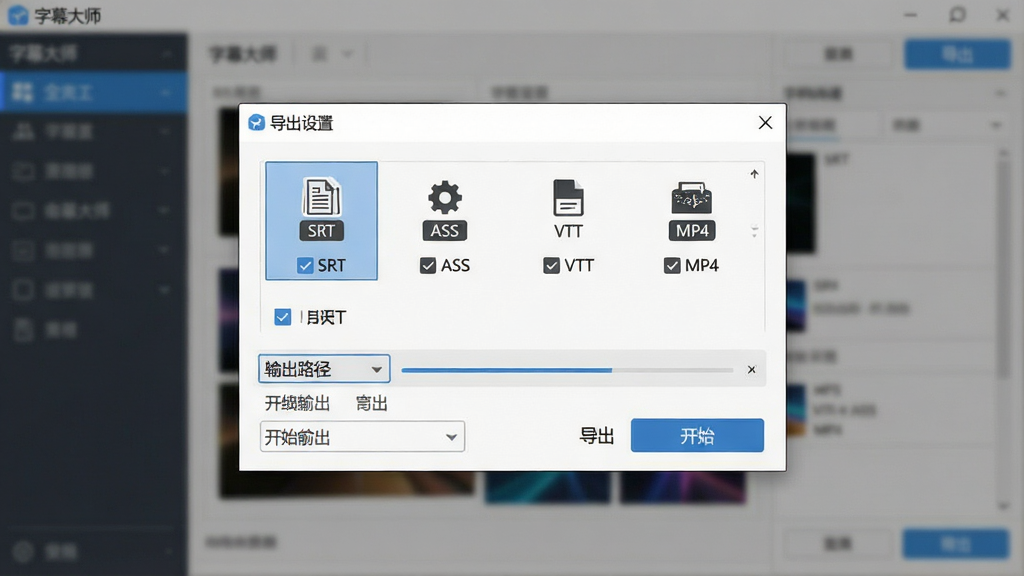 һ��չʾ��Ļ��ʦ���ʽ�������ܵ�ͼƬ����������Ϊ�������ô��ڣ��������г�SRT��ASS��VTT��MP4�ȶ��ָ�ʽѡ��·��е���·��ѡ��Ϳ�ʼ������ť������Ϊ�����������黯Ч��������Ϊ���е���ʽ���Ű��࣬���Ϊ�����Լ�磬ϸ�ڰ�����ʽͼ�ꡢ��ѡ�򡢽����������������ɾ����޶���Ԫ�أ�ͼƬ��������ʾ