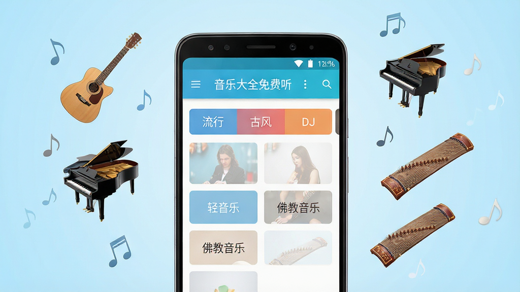 һ������APP����������չʾͼ������������һ����׿�ֻ�����Ļ��ʾ���ִ�ȫ�����APP�ķ���ҳ�棬ҳ���������С��ŷ硢DJ�������֡�������ֵȶ�������ǩ���ֻ���ΧƯ���Ÿ�������ͼ���缪�������١����ݣ�����Ϊǳ��ɫ���䣬�Ű�����������������¼�Լ��ϸ�ھ��£����ʸ��壬�ɾ��޶���Ԫ��