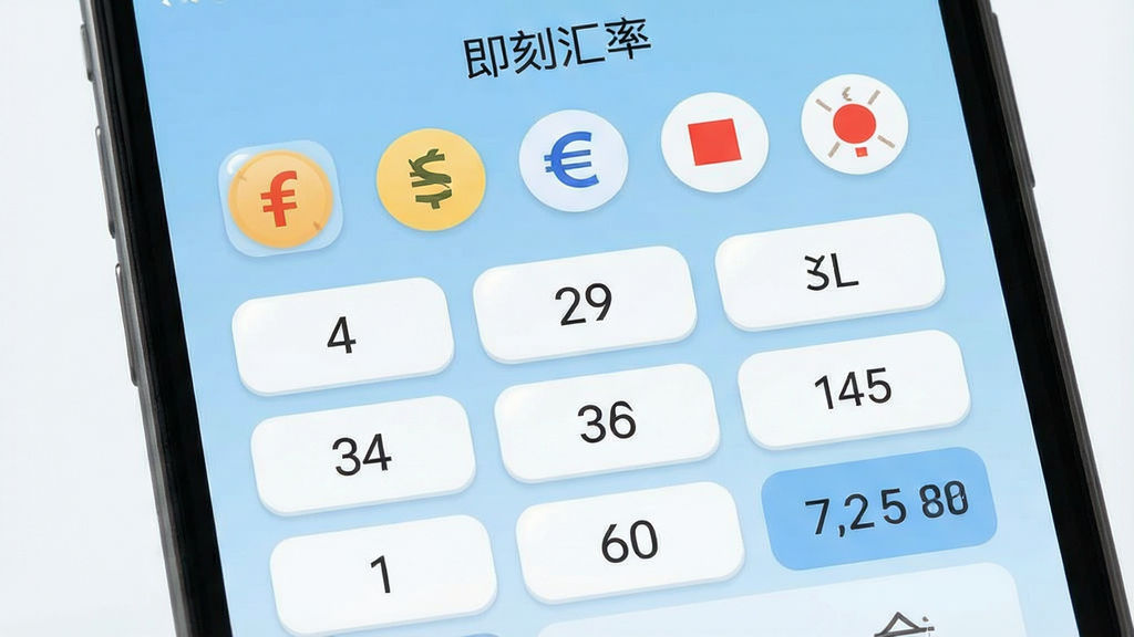 一张手机屏幕特写图,屏幕中央显示“即刻汇率”应用主界面,界面顶部有人民币与美元、欧元、日元等货币图标排列,中间是大号数字键盘和换算结果区域,背景是浅蓝色渐变,整体布局简洁对称,风格为扁平化现代UI设计,细节上按钮有轻微圆角和高光,画质清晰干净,无多余元素