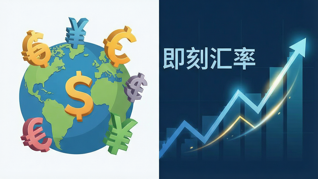 一张信息图表风格的插画,画面左侧是地球与多个国家货币符号,右侧是向上波动的折线图,图中央有“即刻汇率”的文字标识,整体布局左右平衡,风格为简约商务扁平插画,细节包括货币符号的立体感和折线的动态光效,画质高清干净,无多余装饰元素
