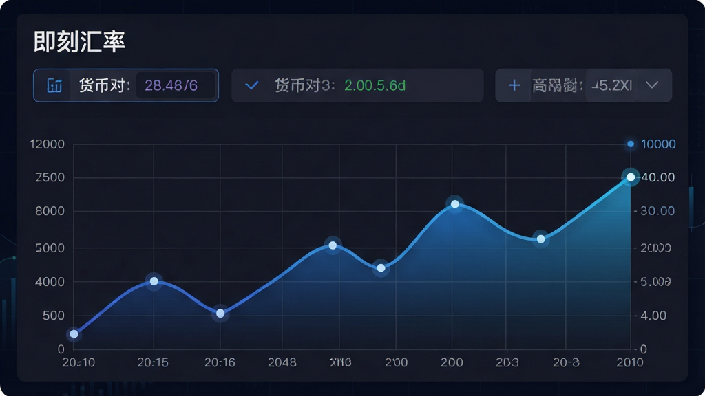 一张数据可视化界面截图,屏幕上半部分显示“即刻汇率”标题和货币对选择按钮,下半部分为折线走势图,横轴为日期纵轴为汇率数值,线条有蓝色渐变填充,背景为深色模式,风格为现代金融科技感,细节上图表有网格线和数据点高亮,画质锐利干净,无多余元素