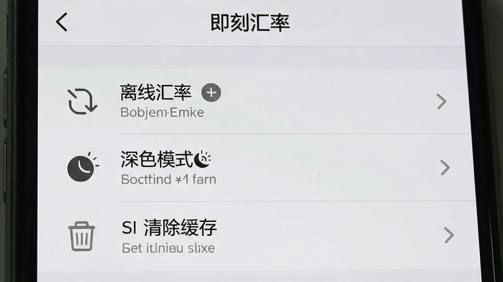 一张手机屏幕截图,画面中显示“即刻汇率”的设置界面,包含“离线汇率”“深色模式”“清除缓存”等选项,界面布局为纵向列表,背景为浅灰色,风格为极简设置页设计,细节上每个选项有图标和说明文字,画质清晰干净,无多余元素