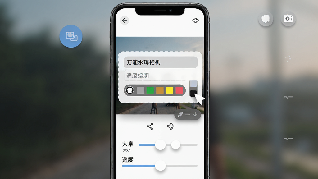 ����ˮӡ����Զ���ˮӡ�༭���棬�����������ֻ���Ļ����Ļ����ʾһ�����������Ƭ����Ƭ�ϵ����˿���ק��ˮӡ�༭�򣬱༭���ڰ������������������ɫѡ��������Ļ�·��������С�����͸���ȵ����������岼��Ϊ�ƶ��˱༭���߷��ϸ�ڰ���Բ�ǰ�ť����ӰЧ���������������޶���Ԫ��