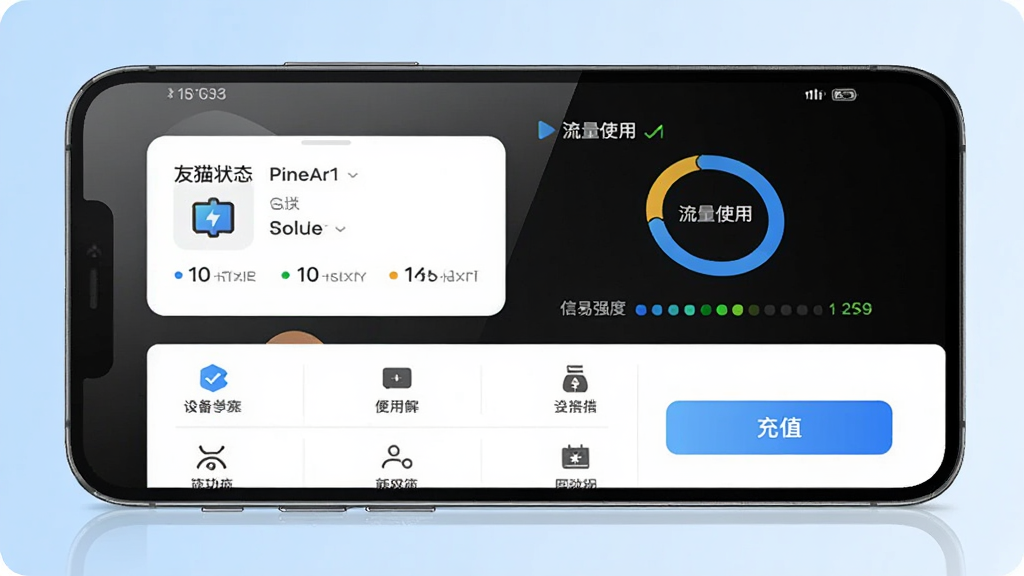 友猫APP主界面展示图,主体是一部智能手机屏幕,屏幕上显示友猫随身WiFi管理界面,界面包含设备状态卡片、流量使用环形图、信号强度指示条和充值按钮,布局采用上下结构,上半部分为设备信息卡片,下半部分为功能入口网格,排版清晰整齐,风格为现代简约科技风,细节上屏幕有轻微反光效果,背景为浅蓝色渐变,画质高清,干净,无多余元素