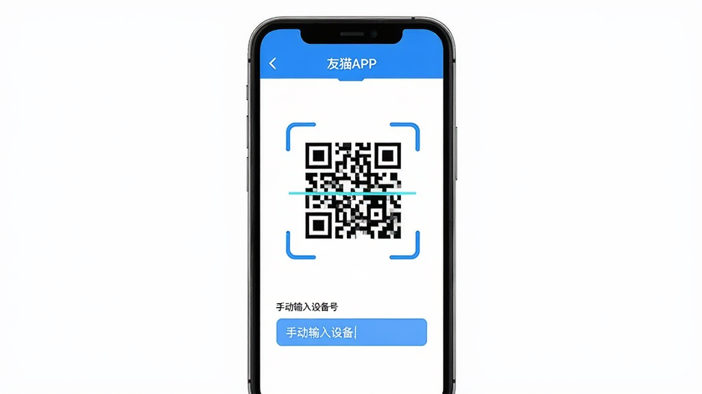 友猫APP设备绑定界面展示图,主体是手机屏幕显示友猫APP的设备绑定页面,页面上有一个醒目的二维码扫描框和手动输入设备号的输入框,布局居中对称,排版简洁明了,风格为扁平化科技蓝风格,细节上扫描框有四个角标装饰,背景为白色,画质高清,干净,无多余元素
