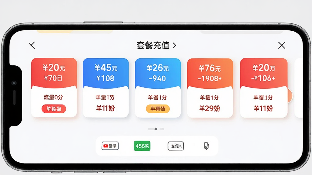 友猫APP充值页面展示图,主体是手机屏幕显示友猫APP的套餐充值界面,页面上有多个套餐卡片横向排列,卡片上标注流量大小和价格,底部有支付方式图标,布局为卡片式滑动选择,排版整齐有序,风格为电商促销风格,细节上卡片有圆角和阴影效果,背景为浅灰色,画质高清,干净,无多余元素
