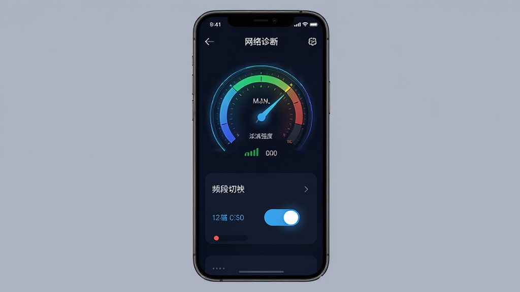 友猫APP网络优化界面展示图,主体是手机屏幕显示友猫APP的网络诊断页面,页面上有信号强度仪表盘和频段切换开关,布局为上下结构,排版功能分区明确,风格为科技感暗黑风格,细节上仪表盘有发光效果,背景为深蓝色,画质高清,干净,无多余元素