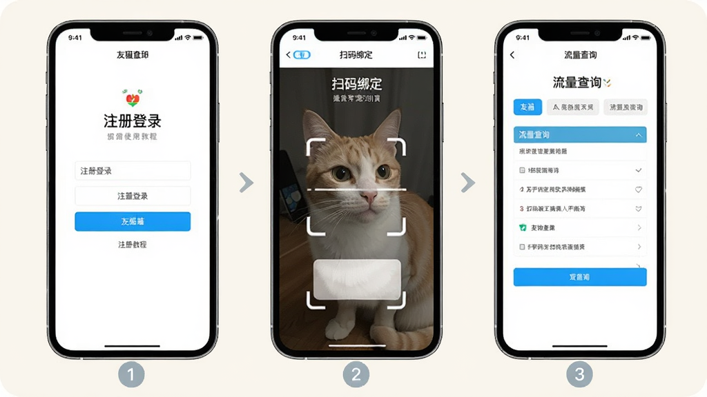 友猫APP使用教程示意图,主体是手机屏幕显示友猫APP的操作步骤截图合集,包含注册登录、扫码绑定、流量查询三个画面,布局为三屏并排展示,排版从左到右依次递进,风格为教程图解风格,细节上每个画面下方有数字序号标注,背景为浅色,画质高清,干净,无多余元素