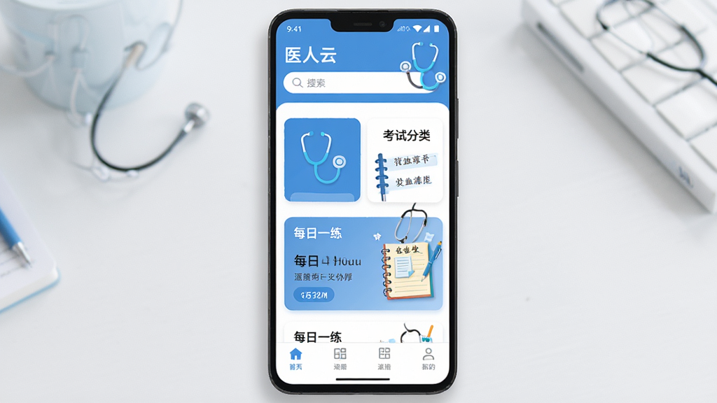 ����Ϊһ����׿�ֻ�����Ļ����ʾ��ҽ���ơ�ҽѧ���APP��ҳ���棬����Ϊ�Ϸ��������뿼�Է��࿨Ƭ���в�ÿ��һ��ģ�顢�ײ����������Ű�������½ṹ�����Ϊ�ִ���Լҽ������ɫ����ϸ�ڰ���������ͼ�ꡢҽѧ���ʼ�Ԫ�ص�׺�����ʸ��塢�ɾ����޶���Ԫ��