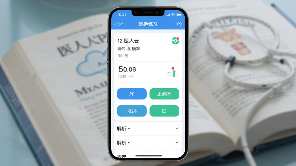 ����Ϊ��ҽ���ơ�APP�����ϰ���棬����Ϊ��Ŀ�������·�ѡ�ť�������۵���壬�Ű�Ϊ����Ƭʽ�����Ϊ��ˬѧϰ��UI��ϸ�ڰ�����Ŀ��š���ȷ��ͳ��Сͼ�ꡢҽѧ�鱾�����黯�����ʸ��塢�ɾ����޶���Ԫ��